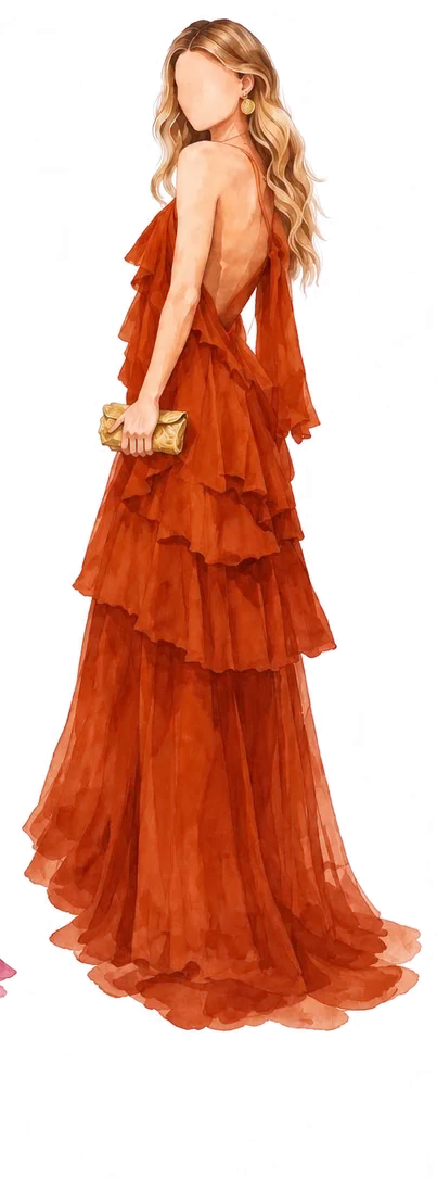 Pintura em aquarela de vestido longo laranja com babados e costas abertas